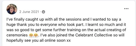 Creative Celebrant workshop testimonial -