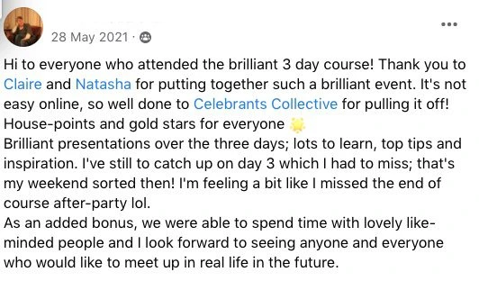 Creative Celebrant workshop testimonial -